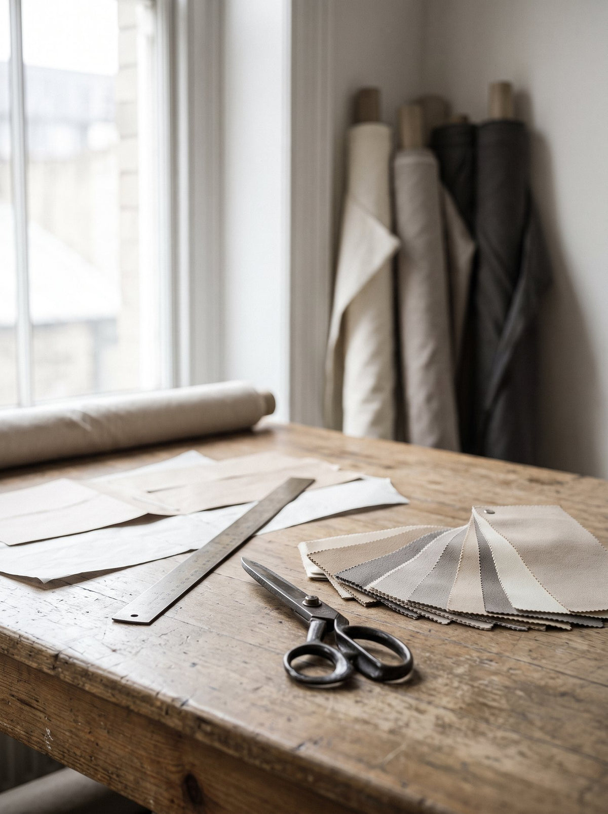 Pattern pieces, shears and fabric swatches on a cutting table in the DNAM design studio